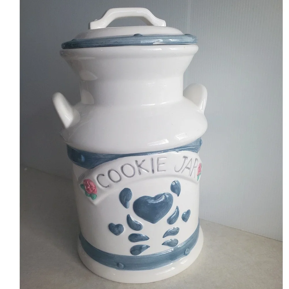 Jay Import Co Cookie Jar White Blue Heart Rose Milk Can Vintage Country Large